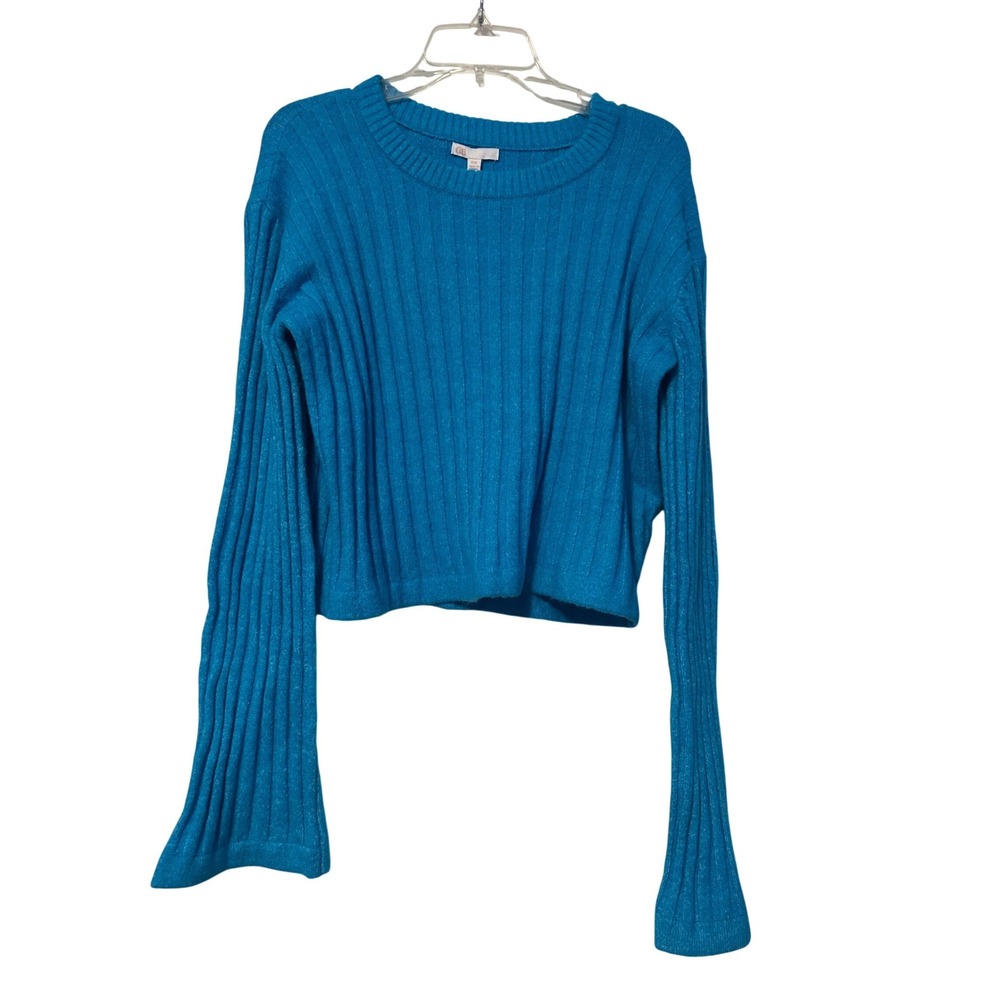 GB Womens XXL Blue Ribbed Knit Cropped Sweater Bell Sleeve‎ GB9760SWR